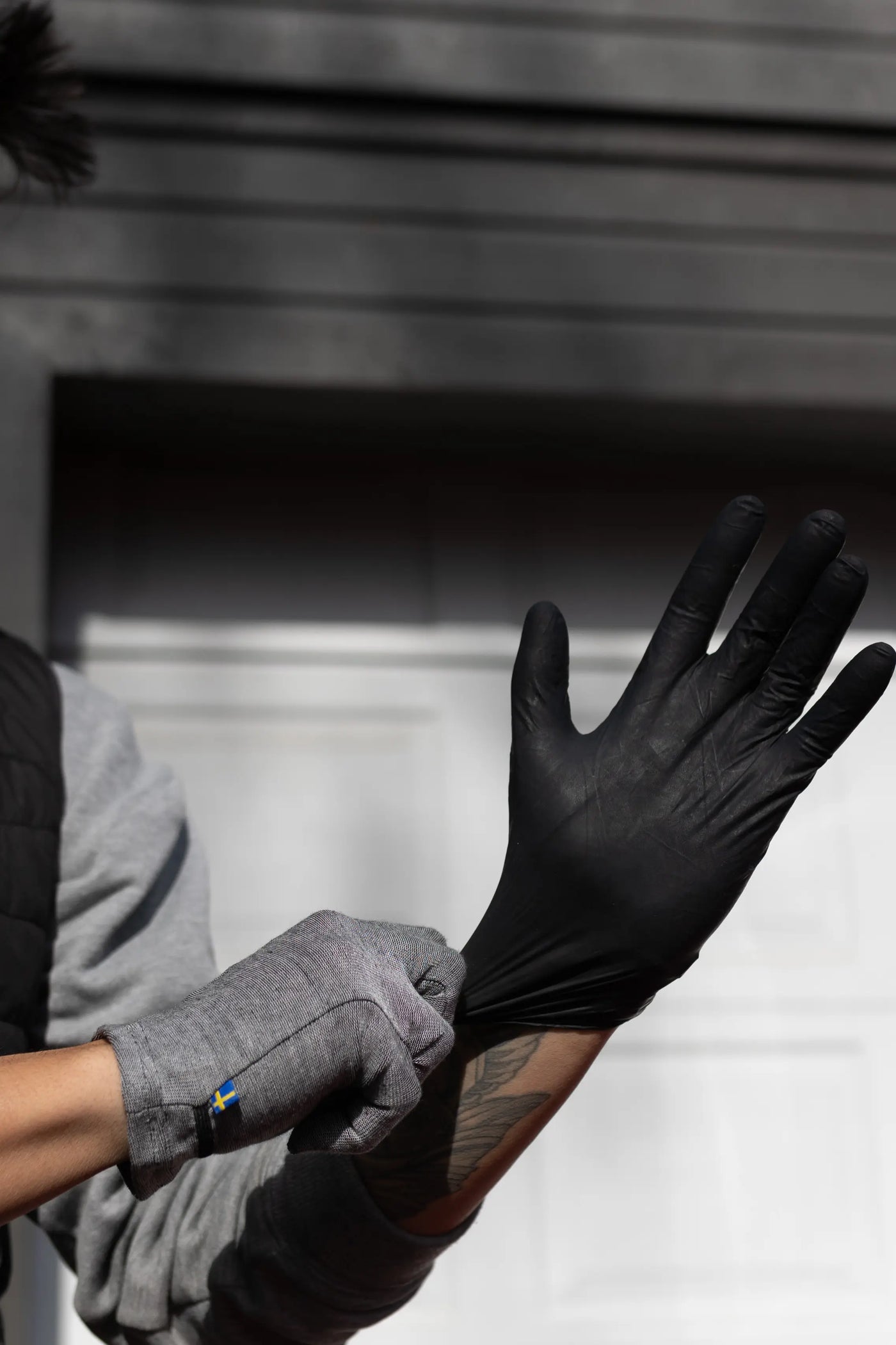 Removing nitrile glove over DRYE liner