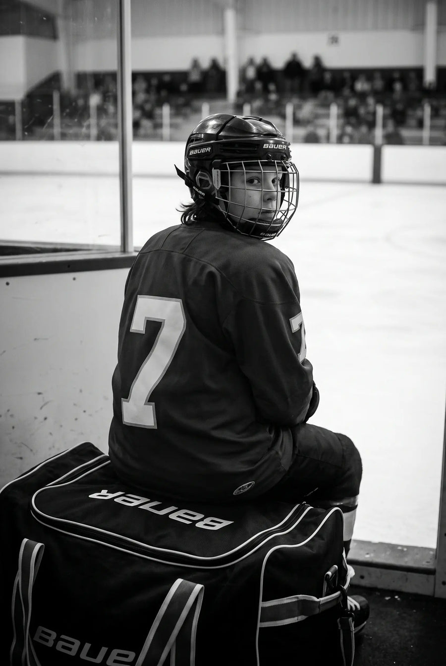 A kid in full gear sitting on his bag at the rink